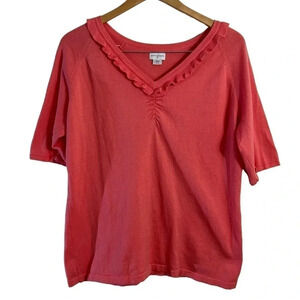 Jaclyn Smith Knit Peach Pink Blouse Womens Size XL Ruffled V Neck Short Sleeves